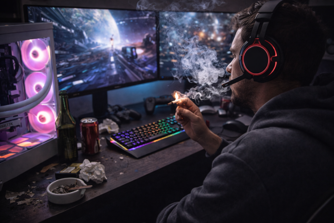 joueur fumant une cigarette près du pc